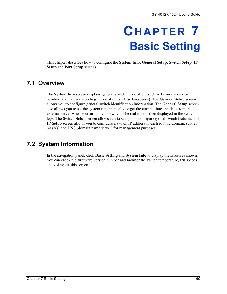 Basic setting, 1 overview, Chapter 7 basic setting | 1 overview 7.2 system information | ZyXEL Communications GS-4012F/4024 User Manual | Page 70 / 363