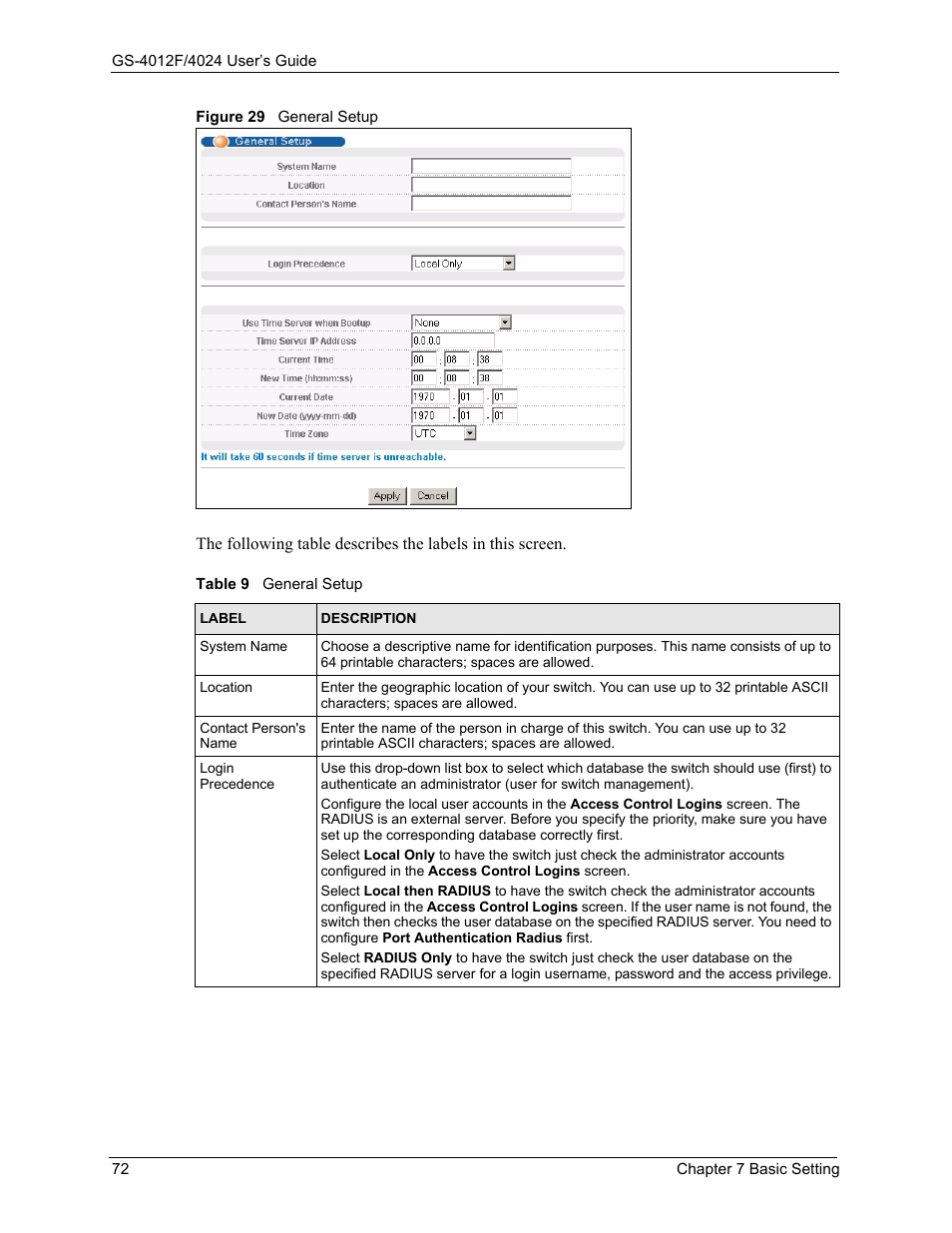 Figure 29 general setup, Table 9 general setup | ZyXEL Communications GS-4012F/4024 User Manual | Page 73 / 363