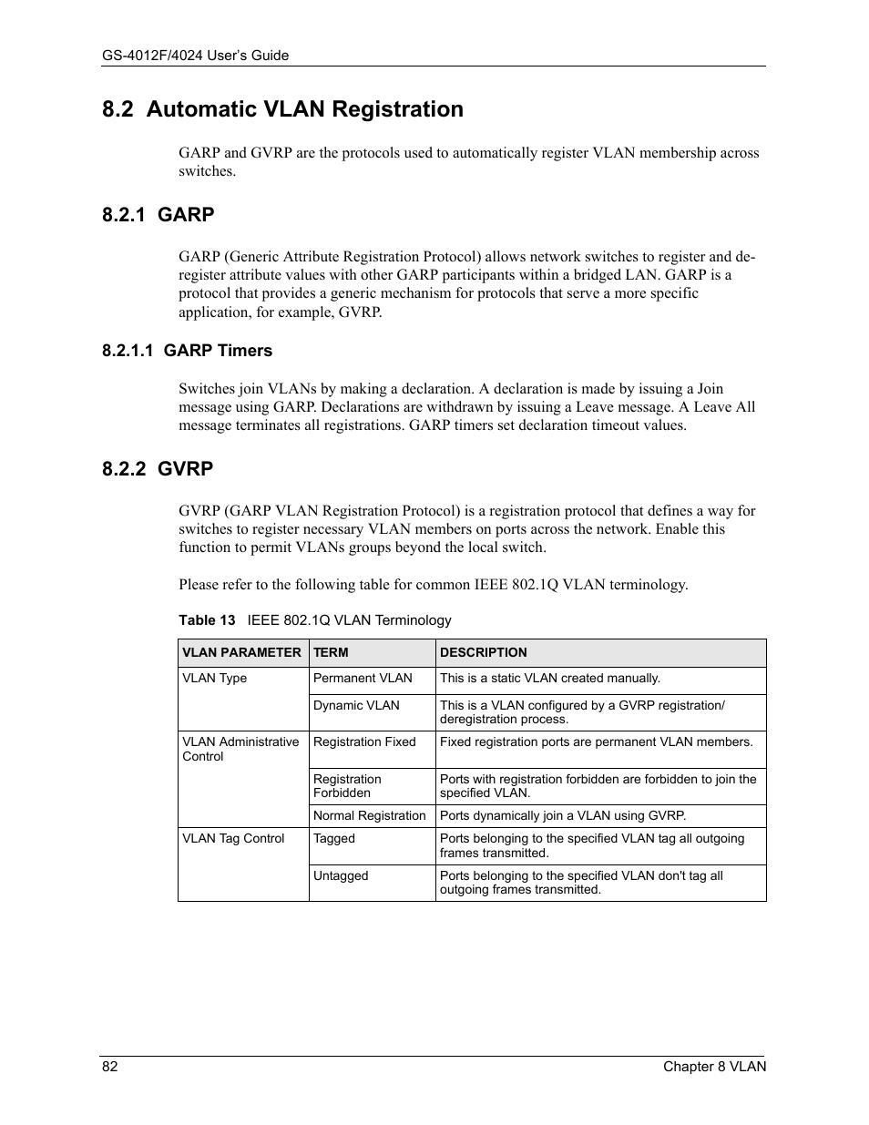 2 automatic vlan registration, 1 garp, 1 garp timers | 2 gvrp, Table 13 ieee 802.1q vlan terminology | ZyXEL Communications GS-4012F/4024 User Manual | Page 83 / 363