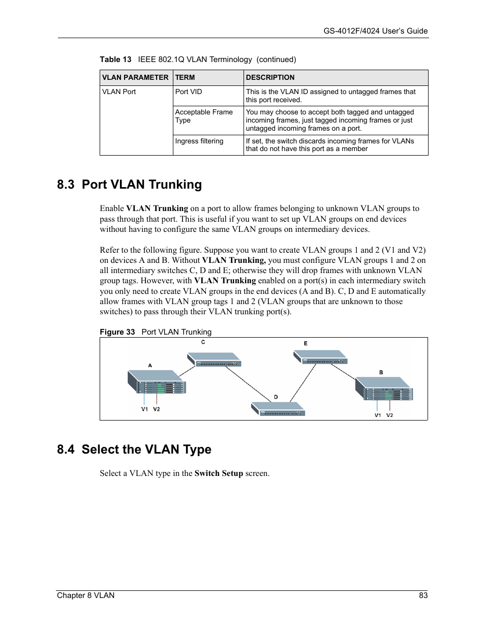 3 port vlan trunking, 4 select the vlan type, 3 port vlan trunking 8.4 select the vlan type | Figure 33 port vlan trunking | ZyXEL Communications GS-4012F/4024 User Manual | Page 84 / 363
