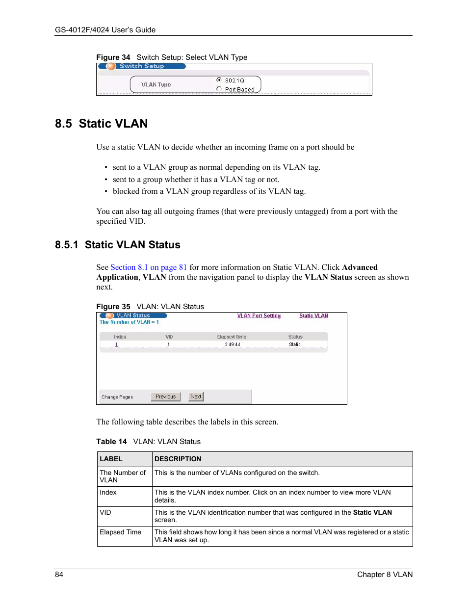 5 static vlan, 1 static vlan status, Table 14 vlan: vlan status | ZyXEL Communications GS-4012F/4024 User Manual | Page 85 / 363