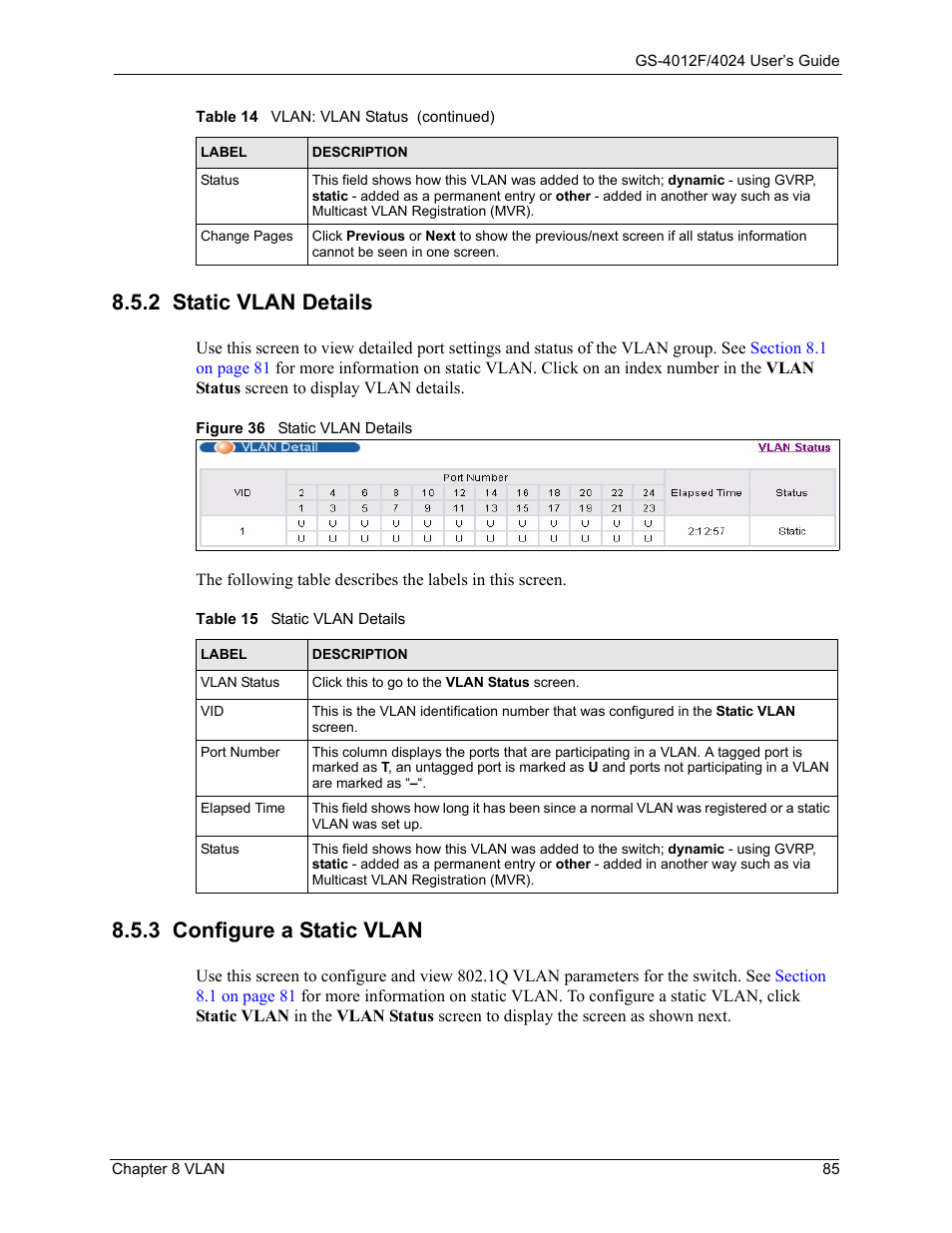 Figure 36 static vlan details, Table 15 static vlan details, 2 static vlan details | 3 configure a static vlan | ZyXEL Communications GS-4012F/4024 User Manual | Page 86 / 363