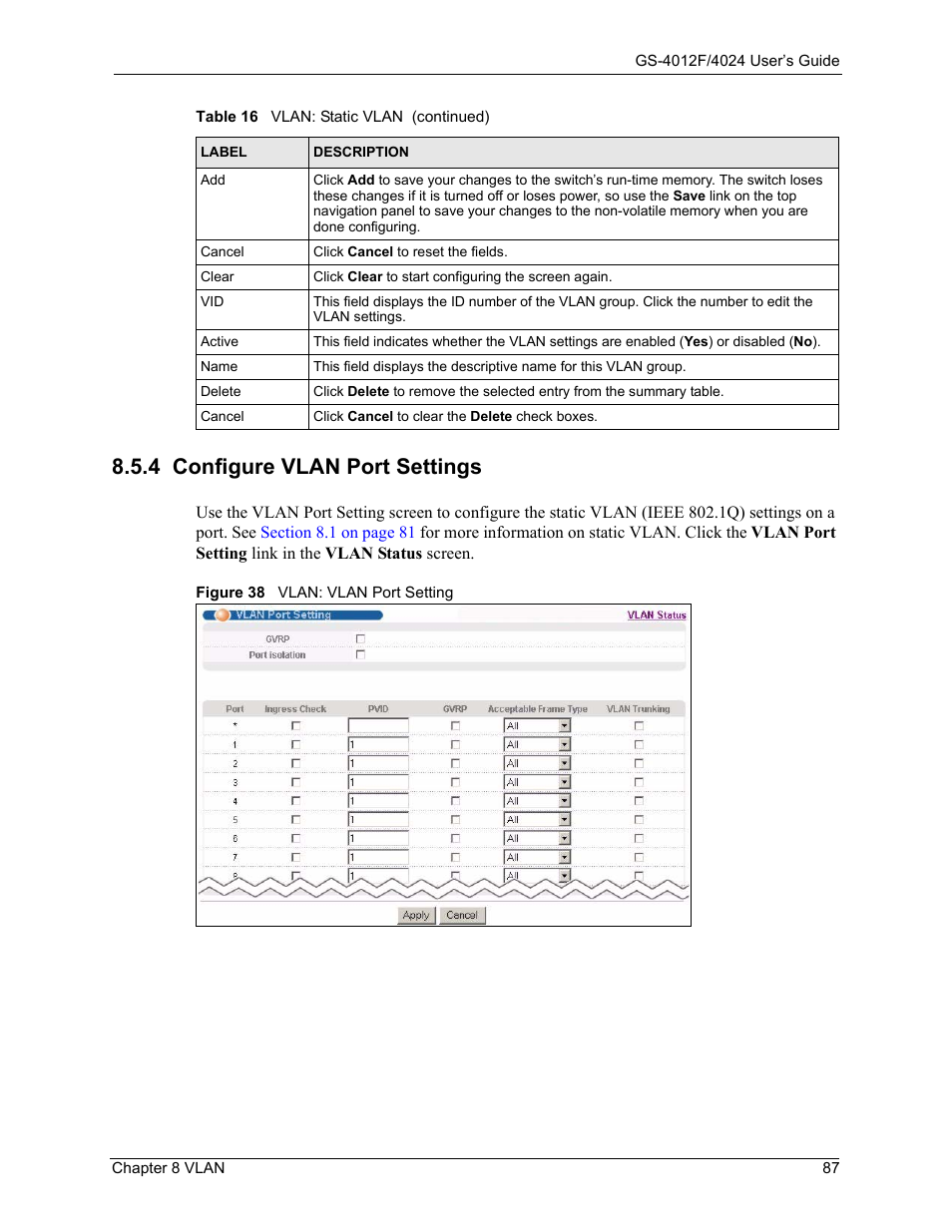 4 configure vlan port settings, Figure 38 vlan: vlan port setting | ZyXEL Communications GS-4012F/4024 User Manual | Page 88 / 363