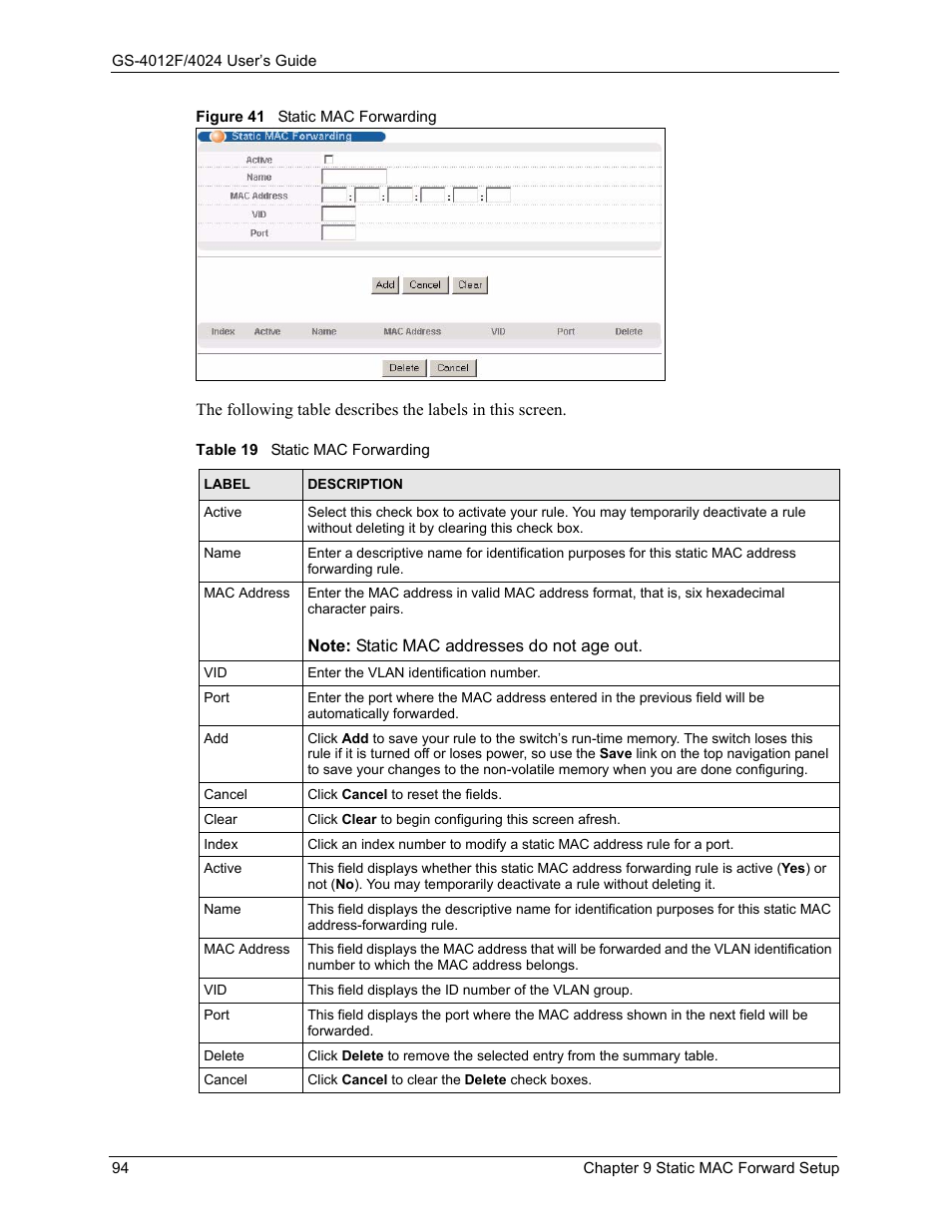 Figure 41 static mac forwarding, Table 19 static mac forwarding | ZyXEL Communications GS-4012F/4024 User Manual | Page 95 / 363
