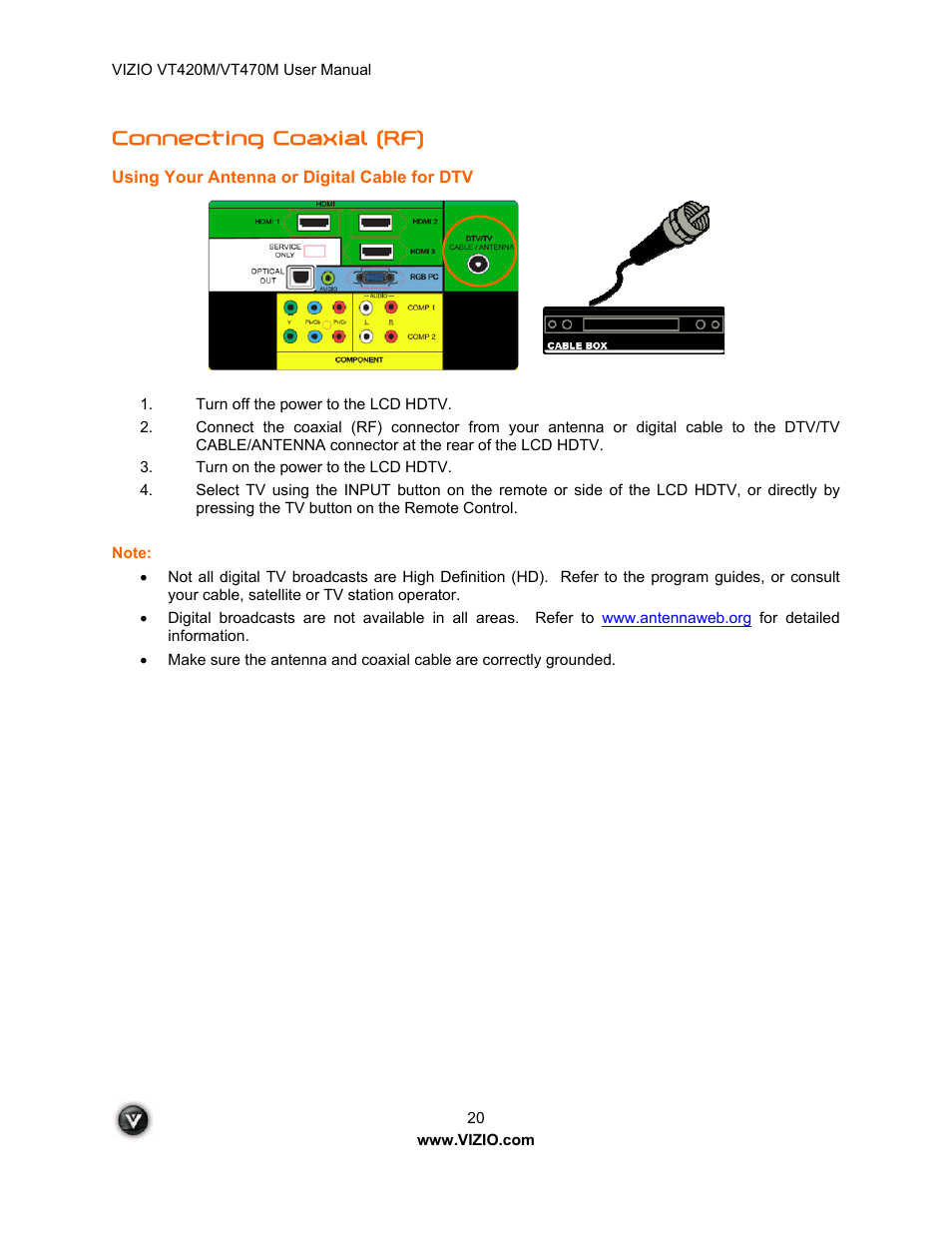 Connecting coaxial (rf) | ZyXEL Communications VT470M User Manual | Page 20 / 63