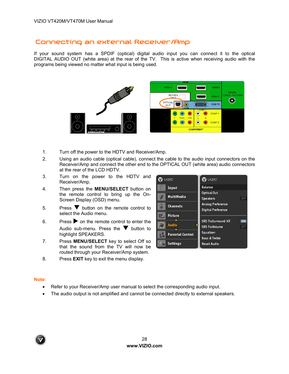 Connecting an external receiver/amp | ZyXEL Communications VT470M User Manual | Page 28 / 63
