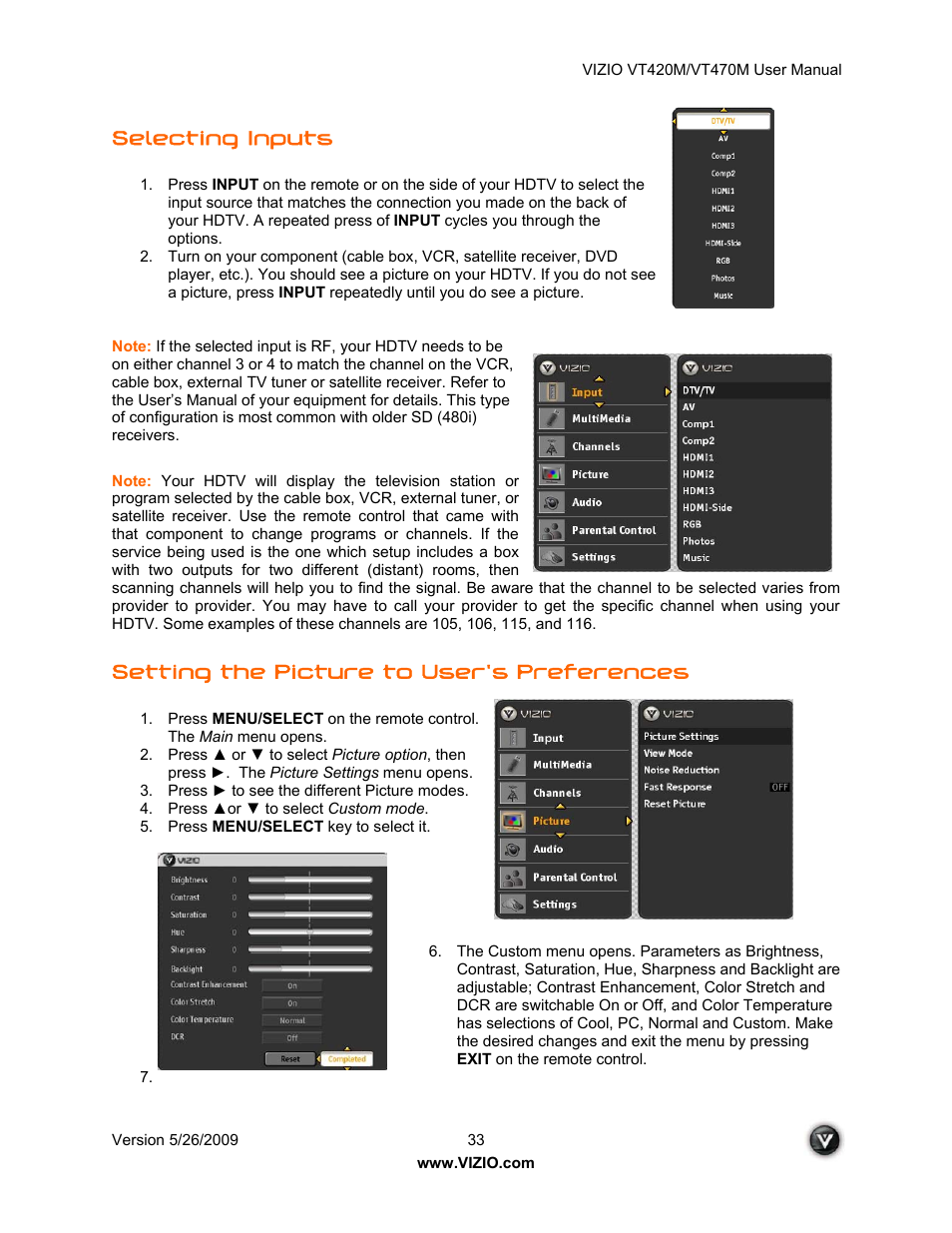 Selecting inputs, Setting the picture to user’s preferences | ZyXEL Communications VT470M User Manual | Page 33 / 63