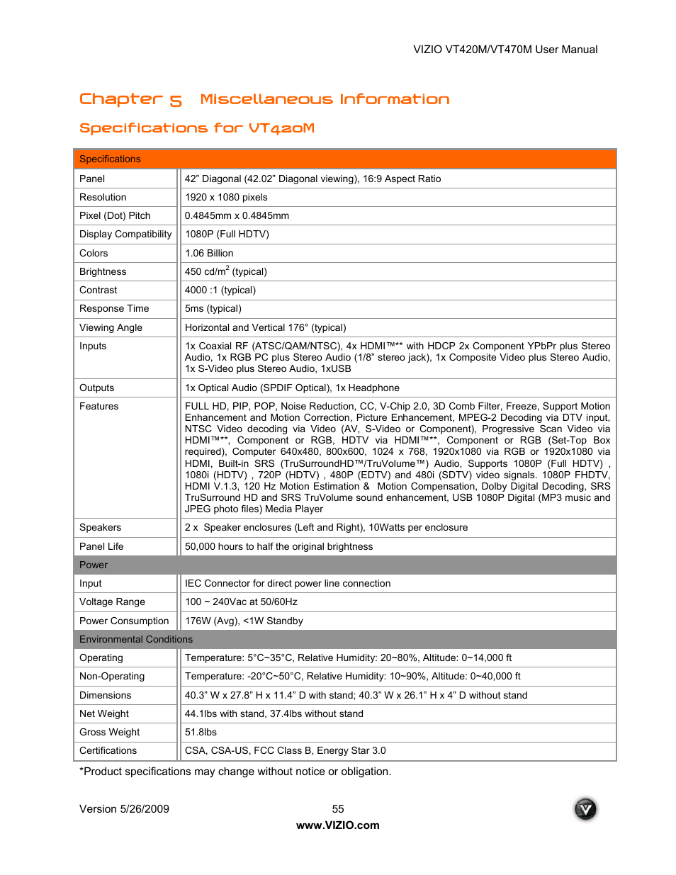 Chapter 5, Miscellaneous information, Specifications for vt420m | ZyXEL Communications VT470M User Manual | Page 55 / 63