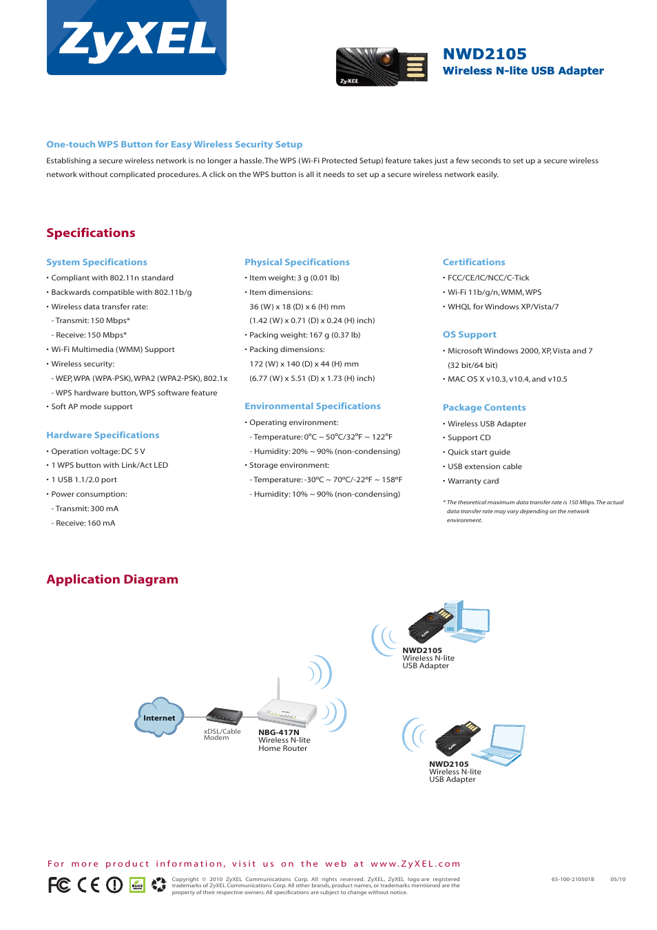 Nwd2105, Specifications application diagram, Wireless n-lite usb adapter | ZyXEL Communications NWD2105 User Manual | Page 2 / 2