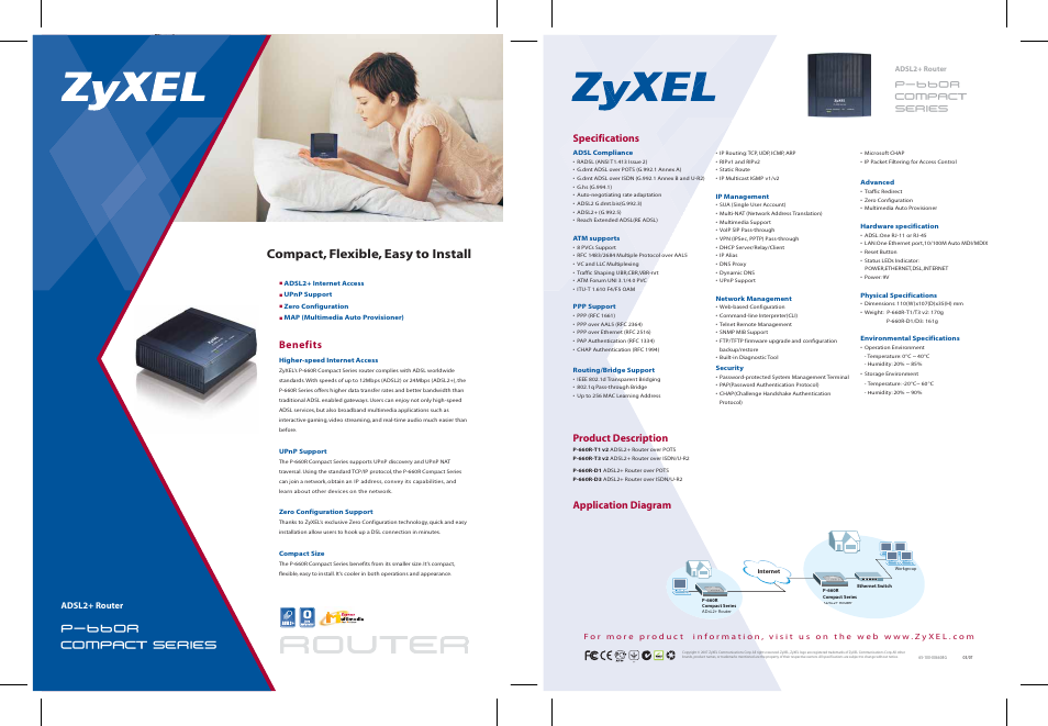 Compact, flexible, easy to install, Application diagram specifications, Product description | Benefits | ZyXEL Communications COMPACT P-660R User Manual | Page 2 / 2