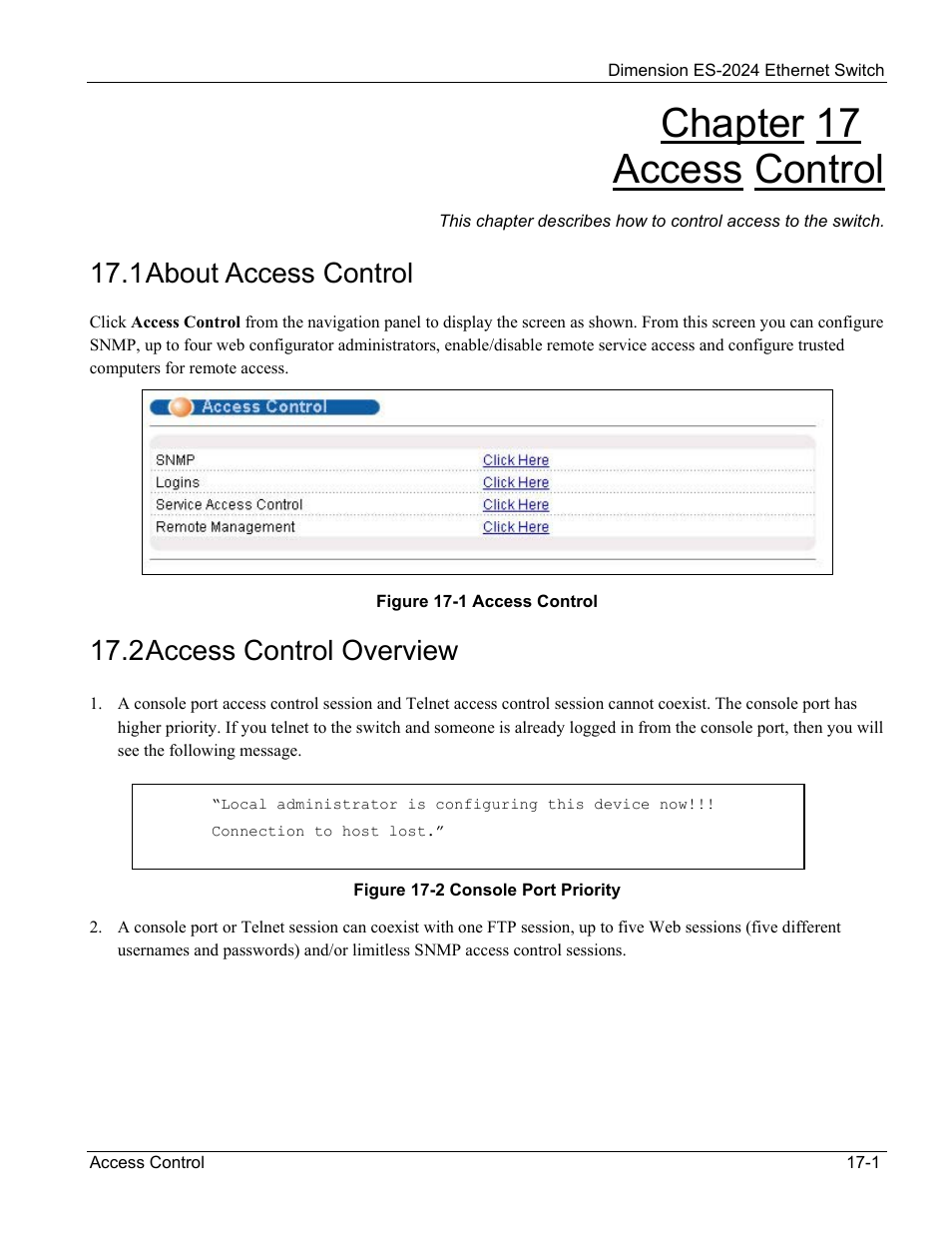 Access control, About access control, Access control overview | Chapter 17 access control, 1 about access control, 2 access control overview | ZyXEL Communications ZyXEL Dimension ES-2024 User Manual | Page 113 / 195