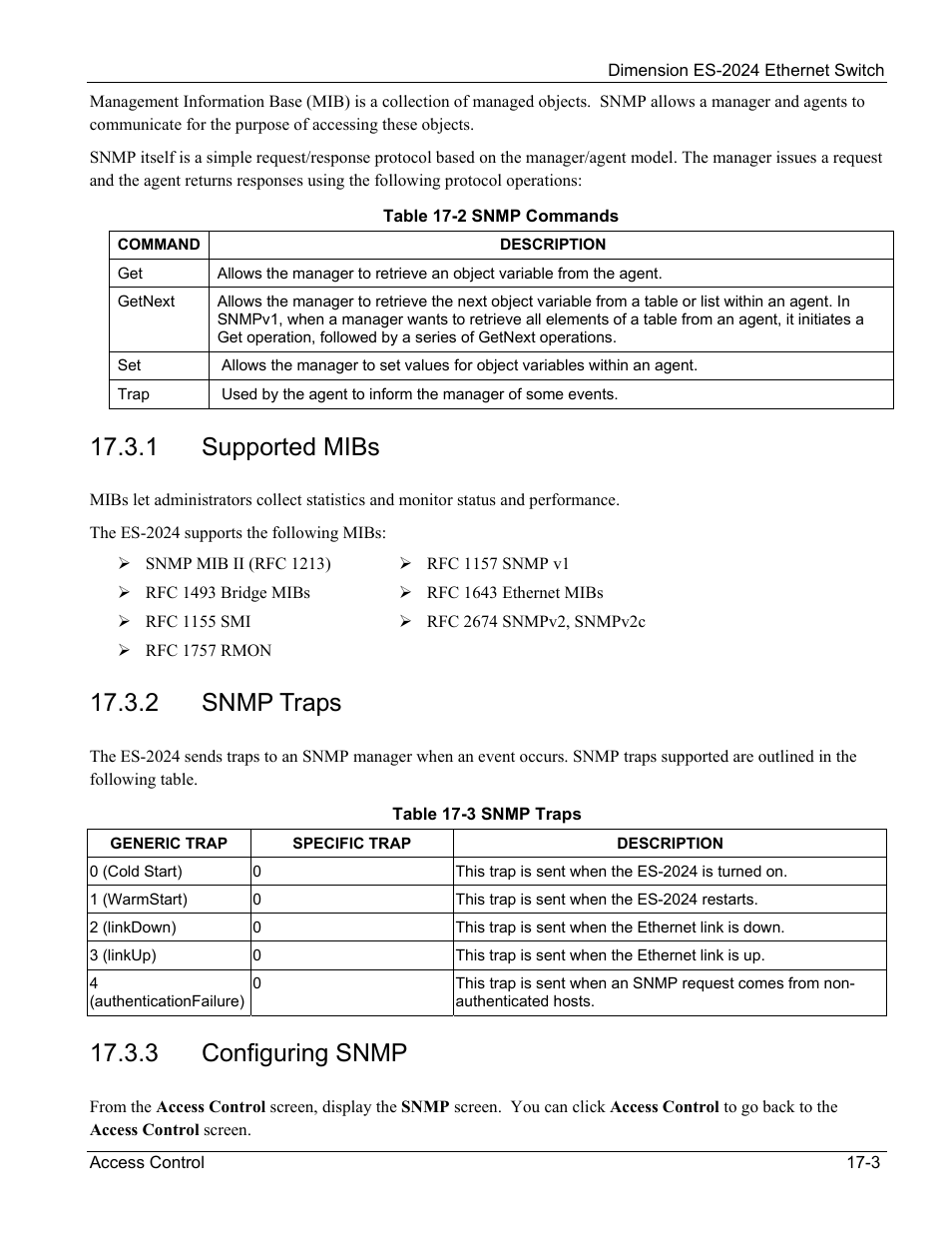 1 supported mibs, 2 snmp traps, 3 configuring snmp | ZyXEL Communications ZyXEL Dimension ES-2024 User Manual | Page 115 / 195