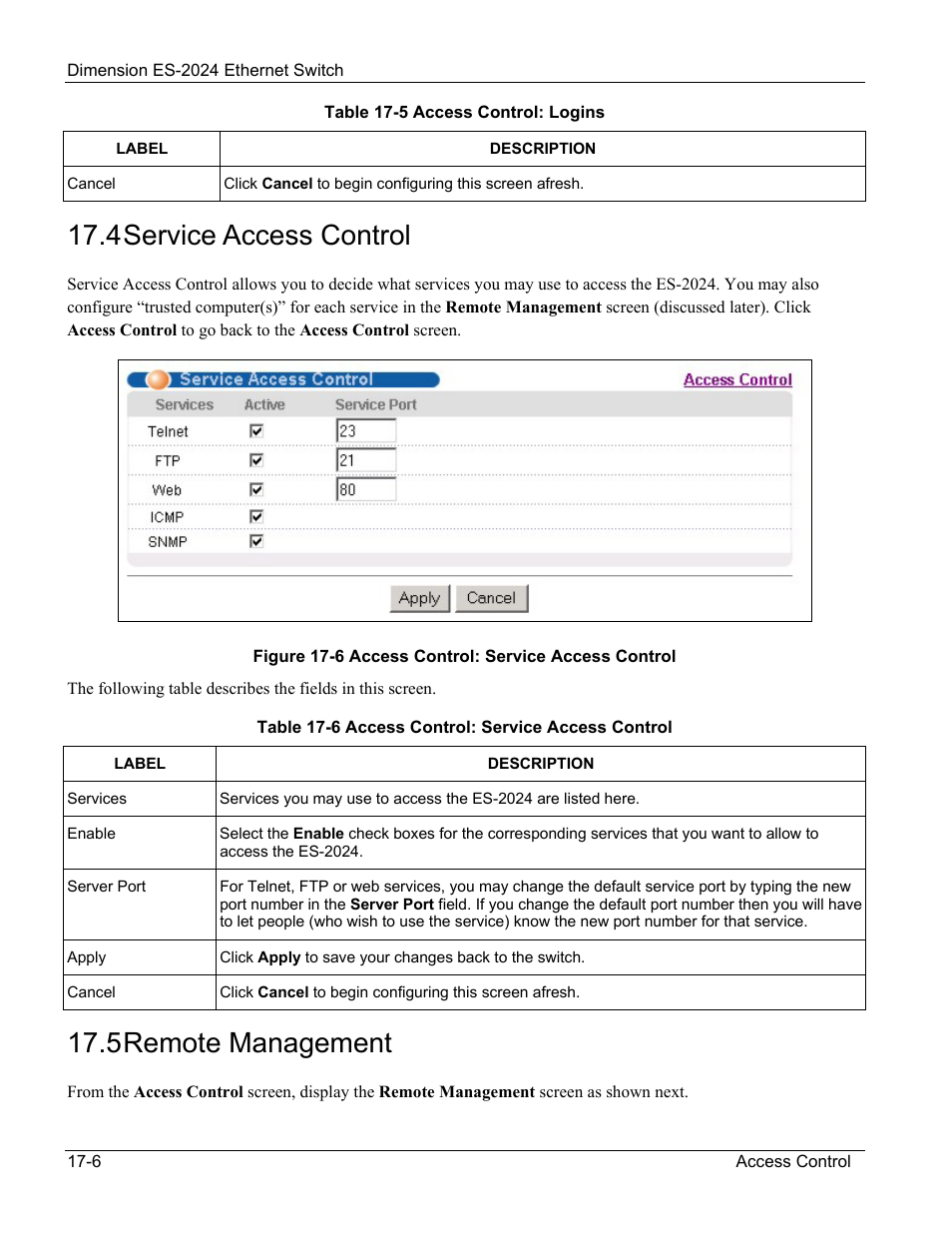 Service access control, Remote management, 4 service access control | 5 remote management | ZyXEL Communications ZyXEL Dimension ES-2024 User Manual | Page 118 / 195