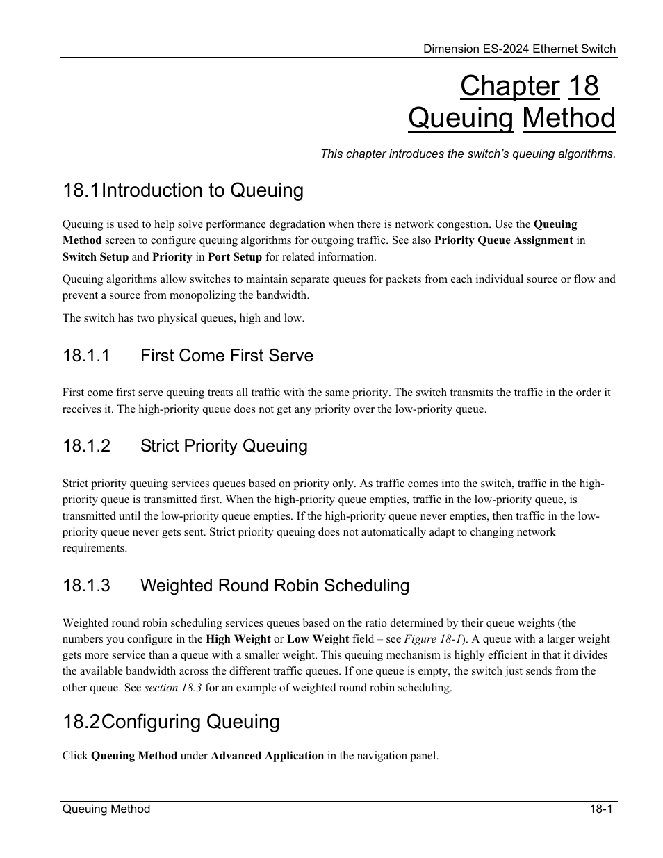 Queuing method, Introduction to queuing, Configuring queuing | Chapter 18 queuing method, 1 introduction to queuing, 2 configuring queuing | ZyXEL Communications ZyXEL Dimension ES-2024 User Manual | Page 121 / 195