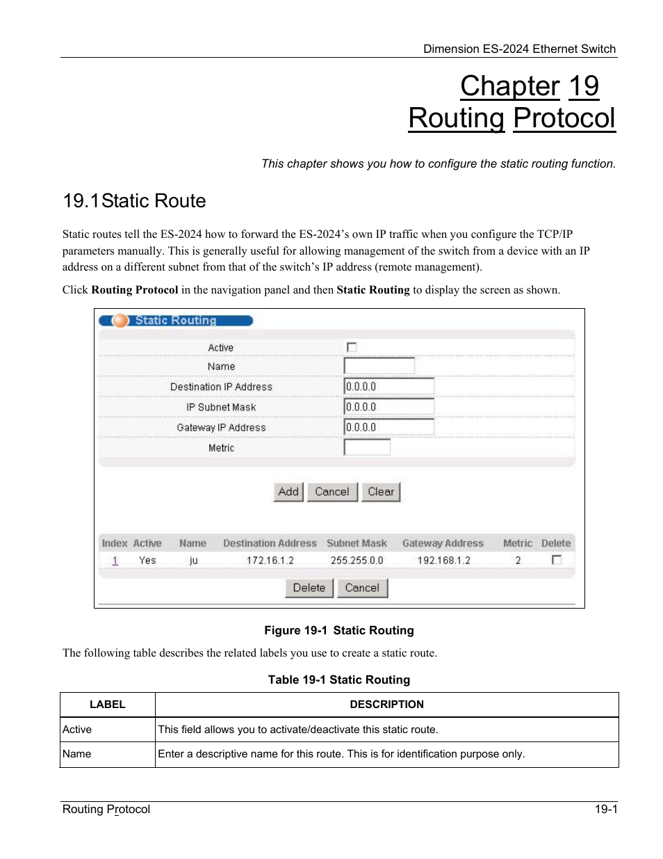 Routing protocol, Static route, Chapter 19 routing protocol | 1 static route | ZyXEL Communications ZyXEL Dimension ES-2024 User Manual | Page 127 / 195