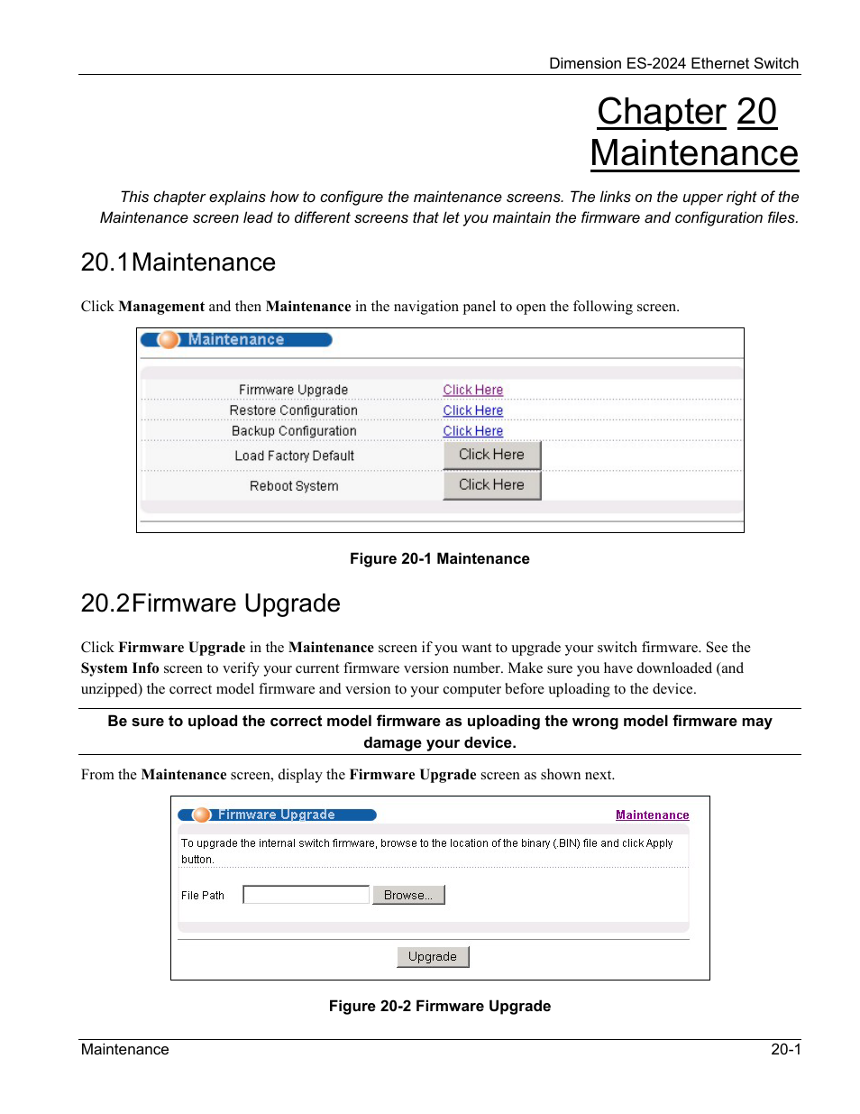 Maintenance, Firmware upgrade, Chapter 20 maintenance | 1 maintenance, 2 firmware upgrade | ZyXEL Communications ZyXEL Dimension ES-2024 User Manual | Page 131 / 195