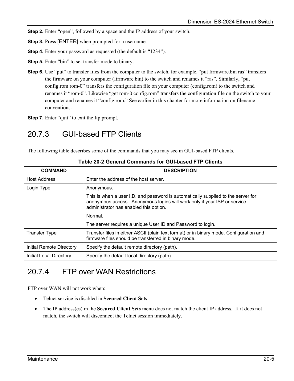 3 gui-based ftp clients, 4 ftp over wan restrictions | ZyXEL Communications ZyXEL Dimension ES-2024 User Manual | Page 135 / 195