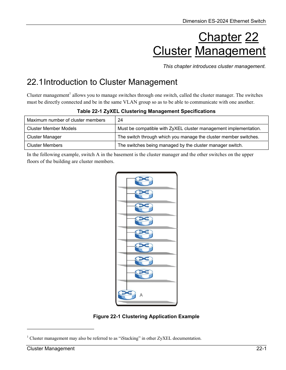 Cluster management, Introduction to cluster management, Chapter 22 cluster management | 1 introduction to cluster management | ZyXEL Communications ZyXEL Dimension ES-2024 User Manual | Page 139 / 195