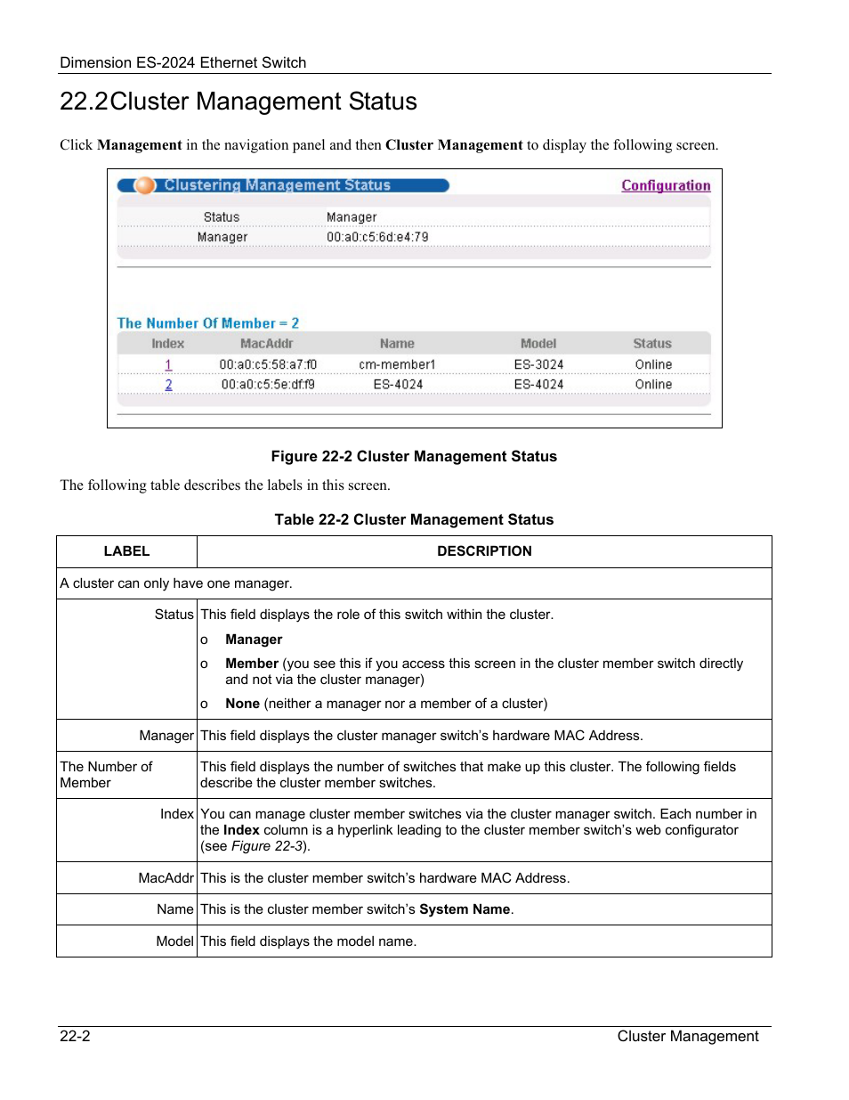 Cluster management status, 2 cluster management status | ZyXEL Communications ZyXEL Dimension ES-2024 User Manual | Page 140 / 195