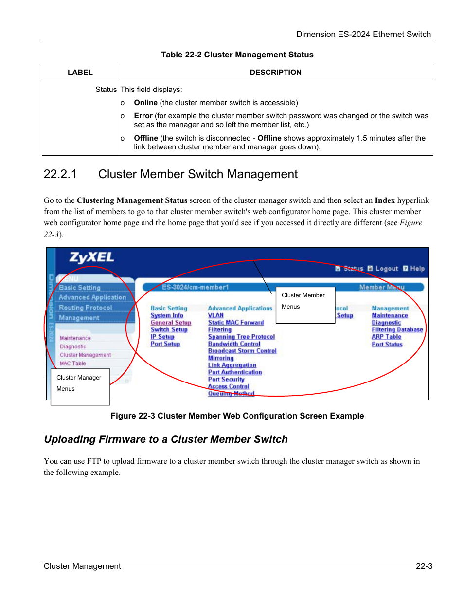 1 cluster member switch management, Uploading firmware to a cluster member switch | ZyXEL Communications ZyXEL Dimension ES-2024 User Manual | Page 141 / 195