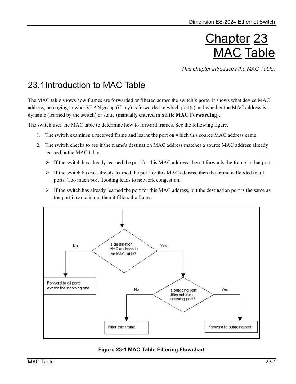 Mac table, Introduction to mac table, Chapter 23 mac table | 1 introduction to mac table | ZyXEL Communications ZyXEL Dimension ES-2024 User Manual | Page 145 / 195