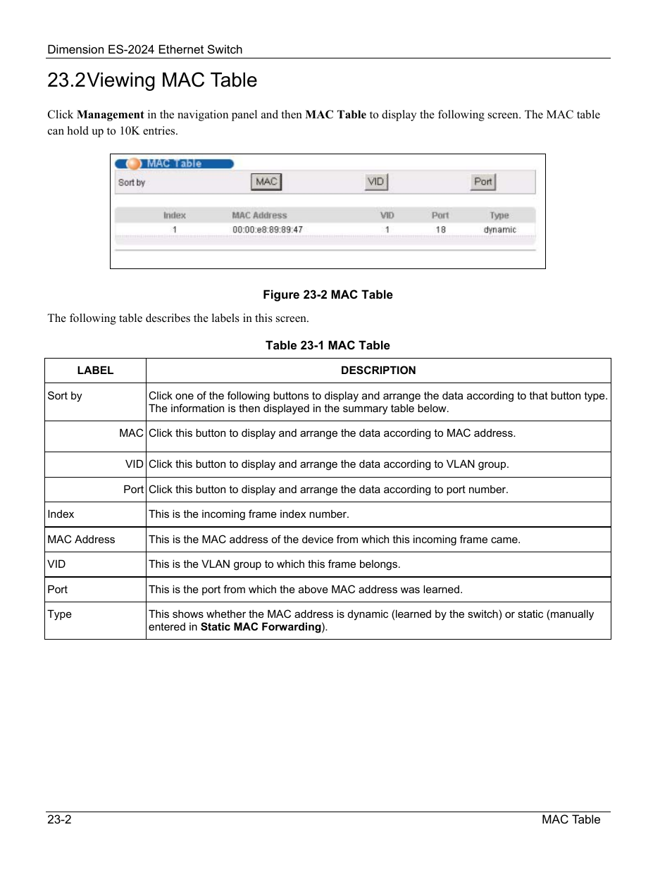 Viewing mac table, 2 viewing mac table | ZyXEL Communications ZyXEL Dimension ES-2024 User Manual | Page 146 / 195