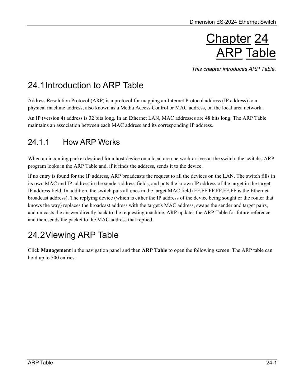 Arp table, Introduction to arp table, Viewing arp table | Chapter 24 arp table, 1 introduction to arp table, 2 viewing arp table | ZyXEL Communications ZyXEL Dimension ES-2024 User Manual | Page 147 / 195