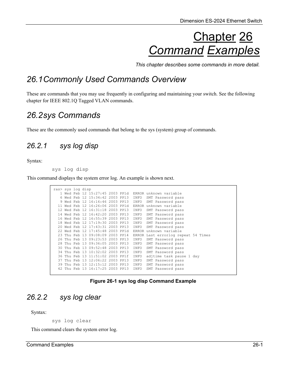 Command examples, Commonly used commands overview, Sys commands | Chapter 26 command examples, 1 commonly used commands overview, 2 sys commands | ZyXEL Communications ZyXEL Dimension ES-2024 User Manual | Page 165 / 195