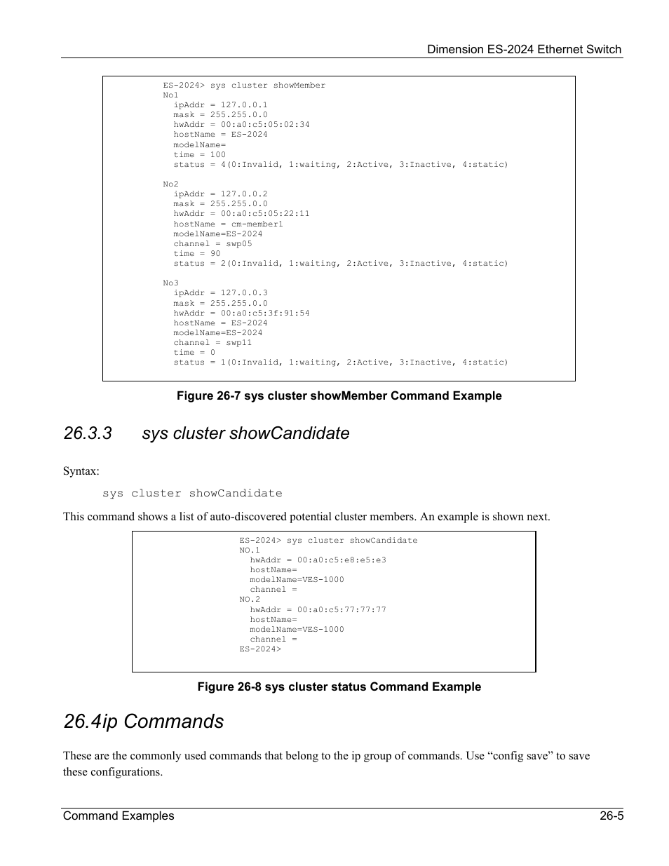 Ip commands, 4 ip commands, 3 sys cluster showcandidate | ZyXEL Communications ZyXEL Dimension ES-2024 User Manual | Page 169 / 195