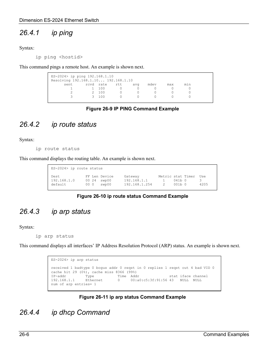1 ip ping, 2 ip route status, 3 ip arp status | 4 ip dhcp command | ZyXEL Communications ZyXEL Dimension ES-2024 User Manual | Page 170 / 195