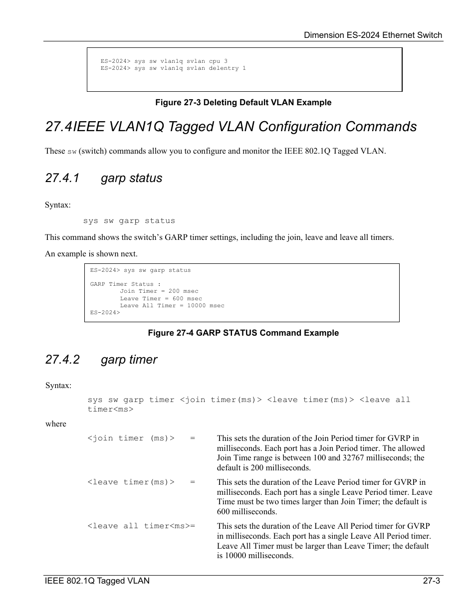 Ieee vlan1q tagged vlan configuration commands, 4 ieee vlan1q tagged vlan configuration commands, 1 garp status | 2 garp timer | ZyXEL Communications ZyXEL Dimension ES-2024 User Manual | Page 175 / 195