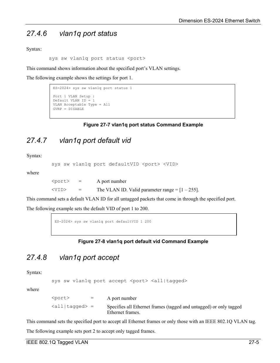 6 vlan1q port status, 7 vlan1q port default vid, 8 vlan1q port accept | ZyXEL Communications ZyXEL Dimension ES-2024 User Manual | Page 177 / 195