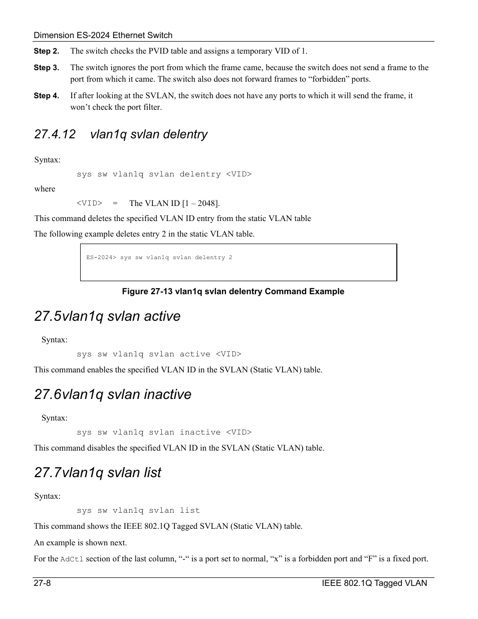 Vlan1q svlan active, Vlan1q svlan inactive, Vlan1q svlan list | 5 vlan1q svlan active, 6 vlan1q svlan inactive, 7 vlan1q svlan list, 12 vlan1q svlan delentry | ZyXEL Communications ZyXEL Dimension ES-2024 User Manual | Page 180 / 195