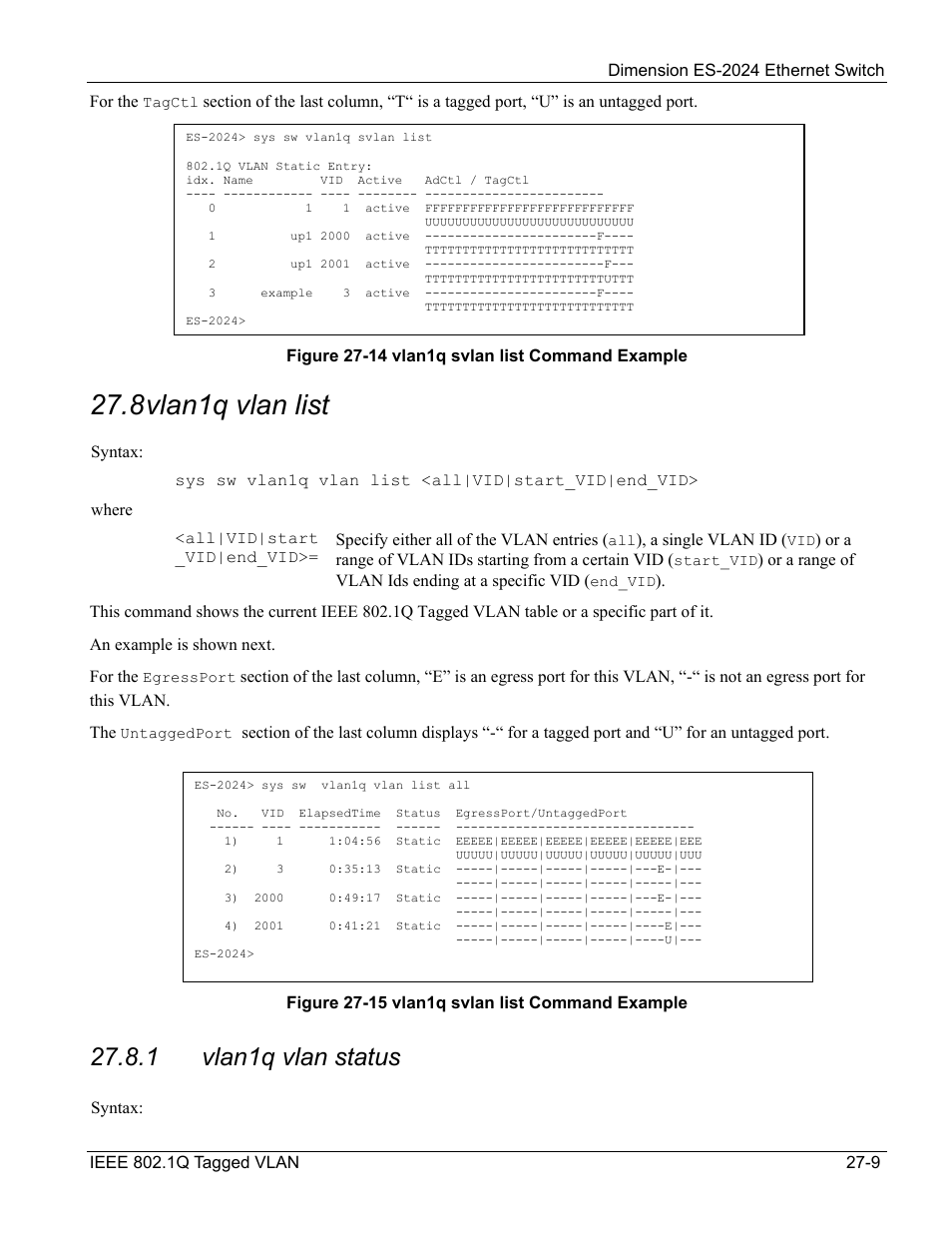Vlan1q vlan list, 8 vlan1q vlan list, 1 vlan1q vlan status | ZyXEL Communications ZyXEL Dimension ES-2024 User Manual | Page 181 / 195