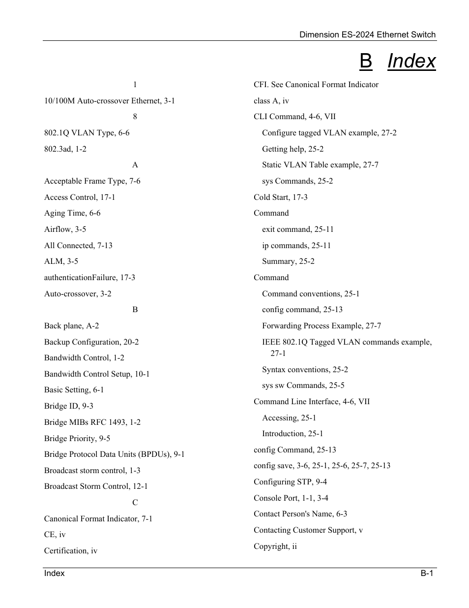 Index, B index | ZyXEL Communications ZyXEL Dimension ES-2024 User Manual | Page 189 / 195