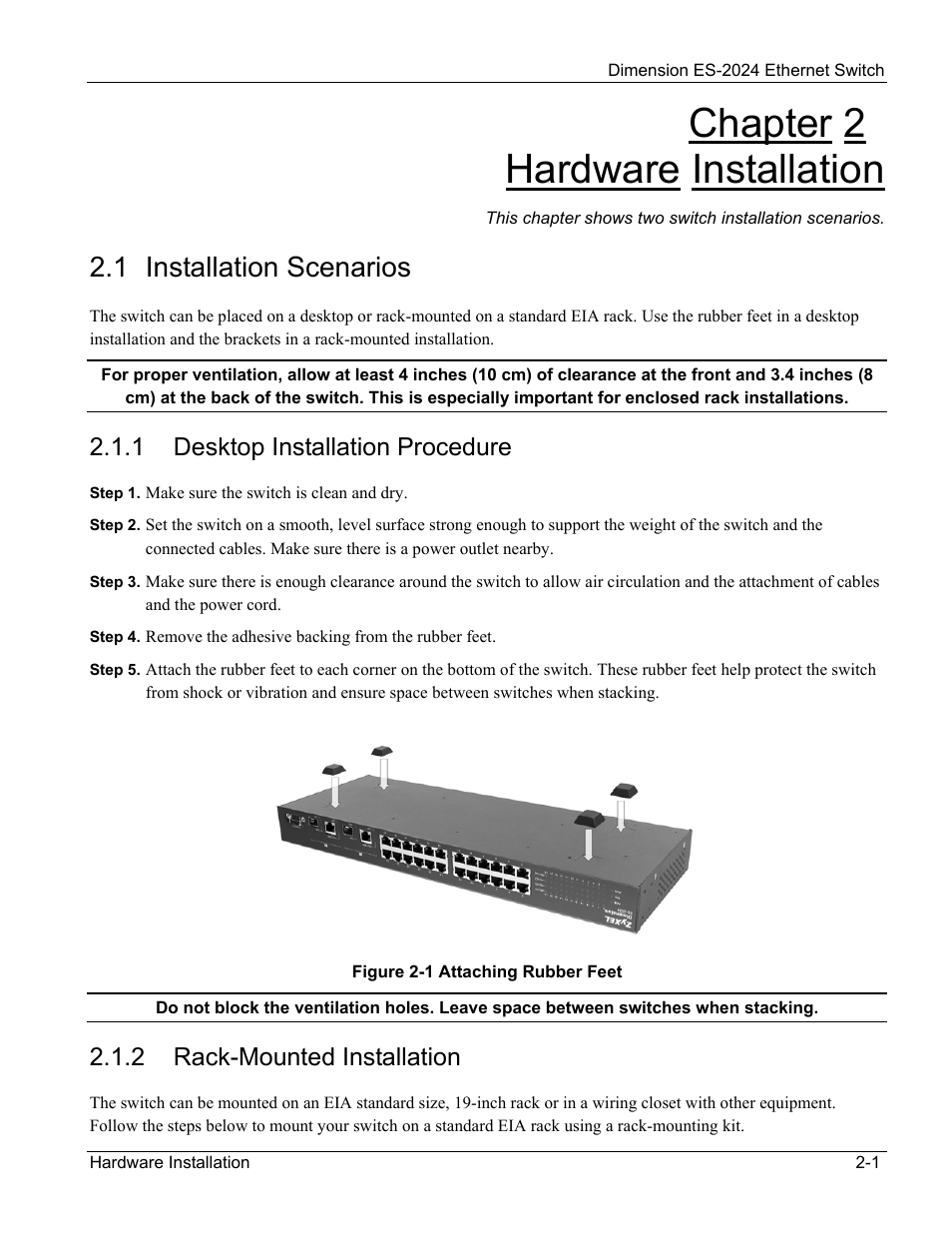 Hardware installation, Installation scenarios, Chapter 2 hardware installation | 1 installation scenarios, 1 desktop installation procedure, 2 rack-mounted installation | ZyXEL Communications ZyXEL Dimension ES-2024 User Manual | Page 29 / 195