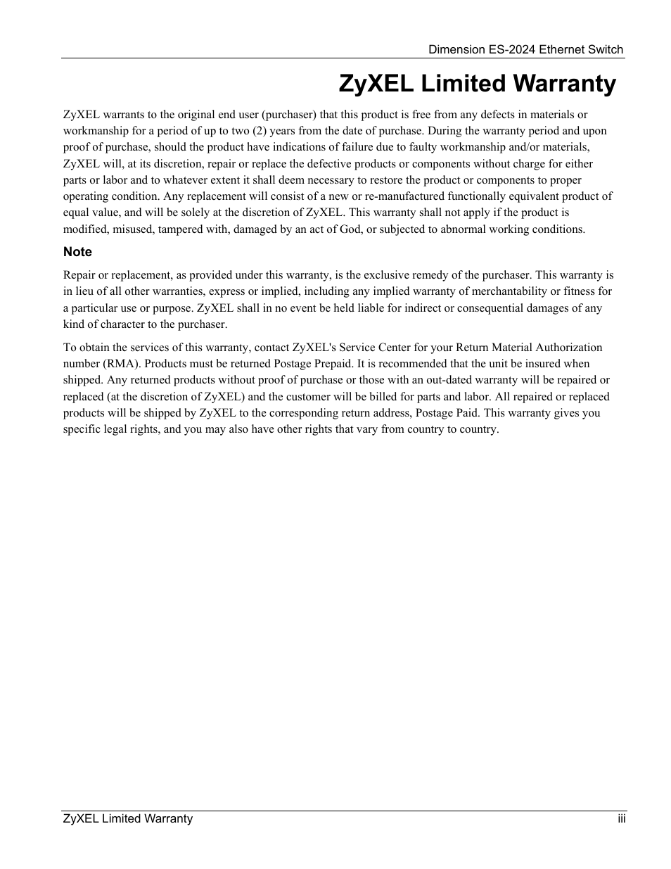 Zyxel limited warranty | ZyXEL Communications ZyXEL Dimension ES-2024 User Manual | Page 3 / 195