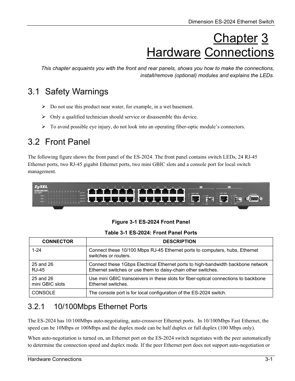 Hardware connections, Safety warnings, Front panel | Chapter 3 hardware connections, 1 safety warnings, 2 front panel | ZyXEL Communications ZyXEL Dimension ES-2024 User Manual | Page 31 / 195