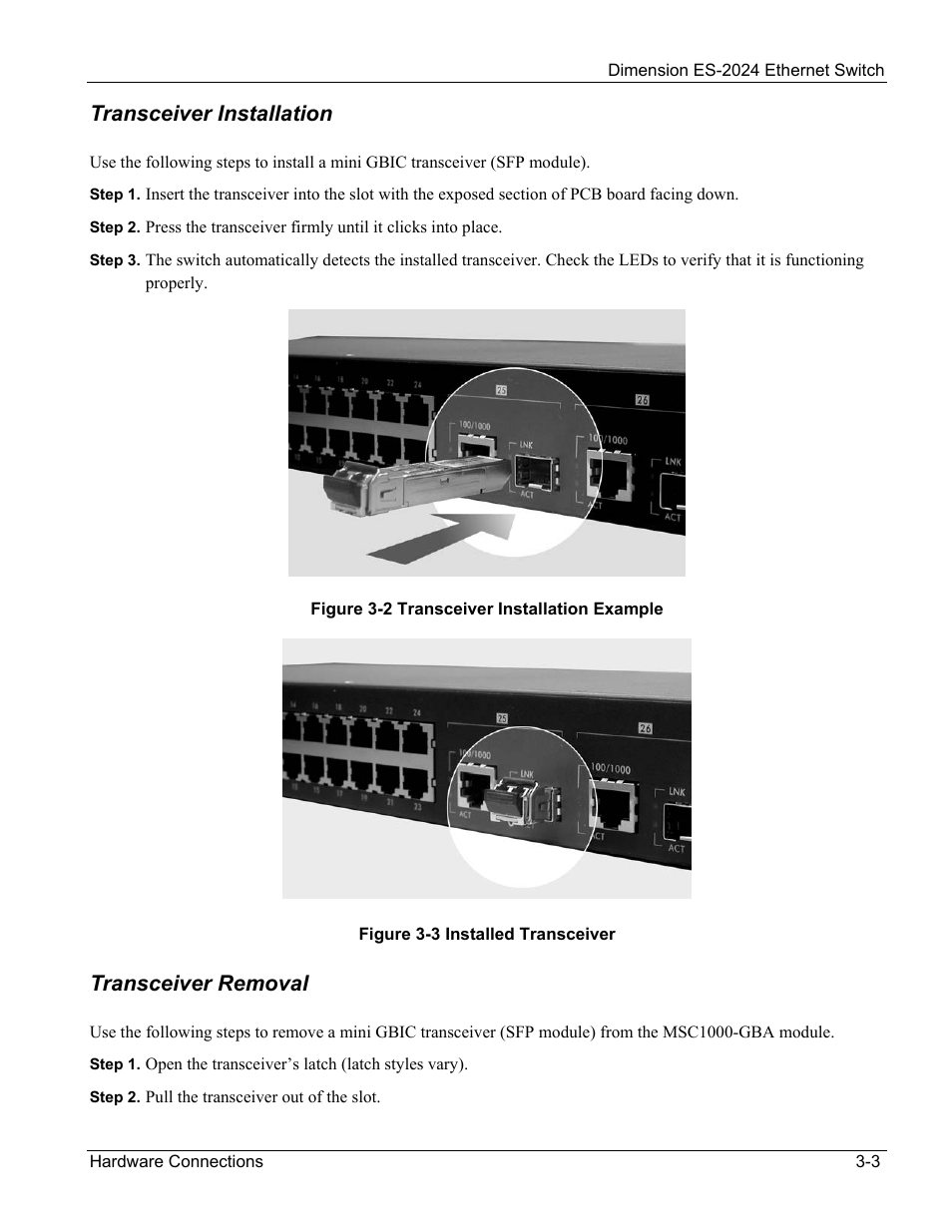 Transceiver installation, Transceiver removal | ZyXEL Communications ZyXEL Dimension ES-2024 User Manual | Page 33 / 195