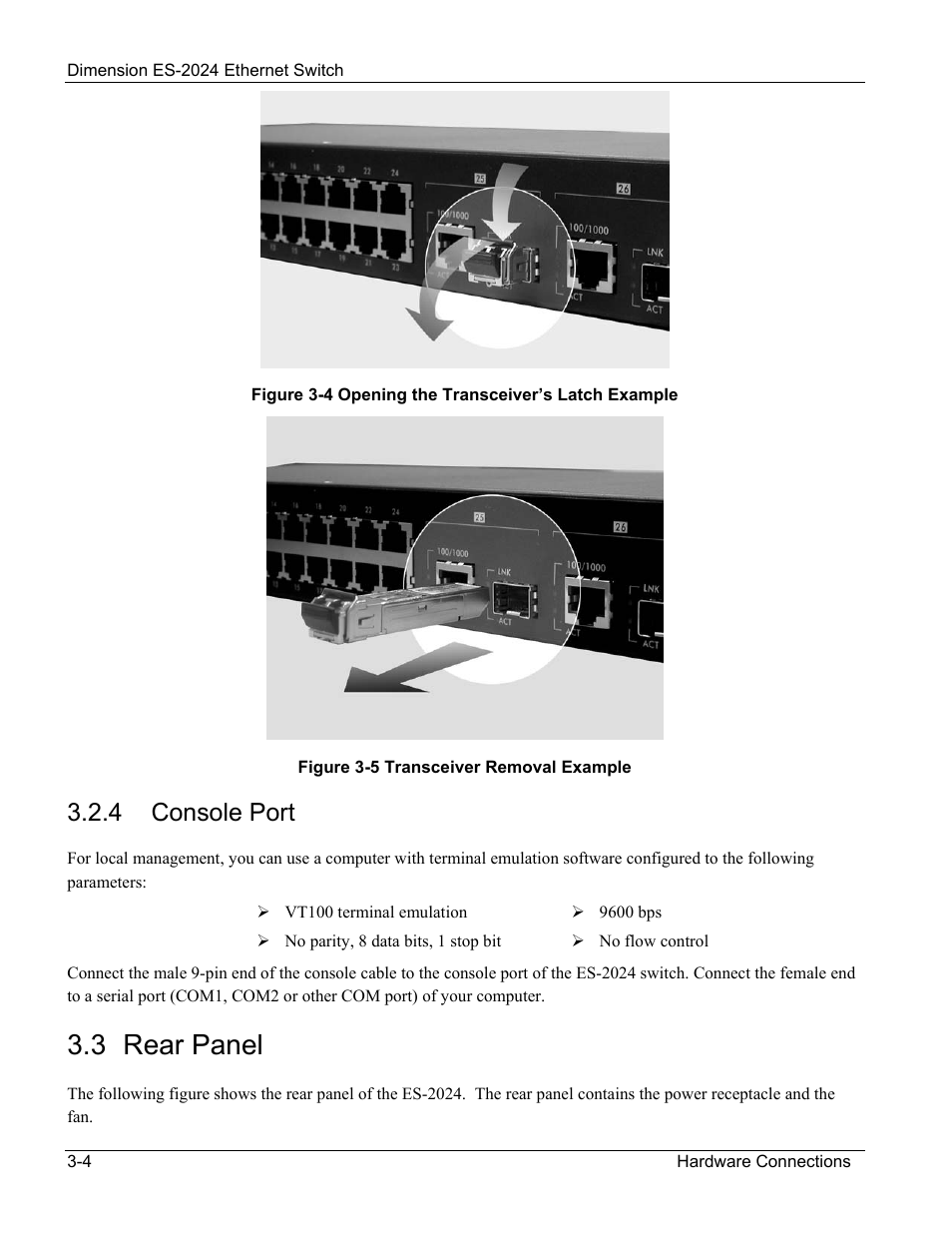Rear panel, 3 rear panel, 4 console port | ZyXEL Communications ZyXEL Dimension ES-2024 User Manual | Page 34 / 195