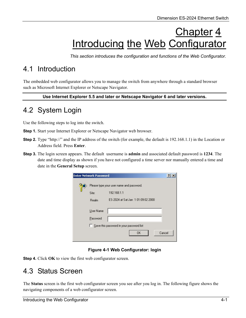 Introducing the web configurator, Introduction, System login | Status screen, Chapter 4 introducing the web configurator, 1 introduction, 2 system login, 3 status screen | ZyXEL Communications ZyXEL Dimension ES-2024 User Manual | Page 39 / 195