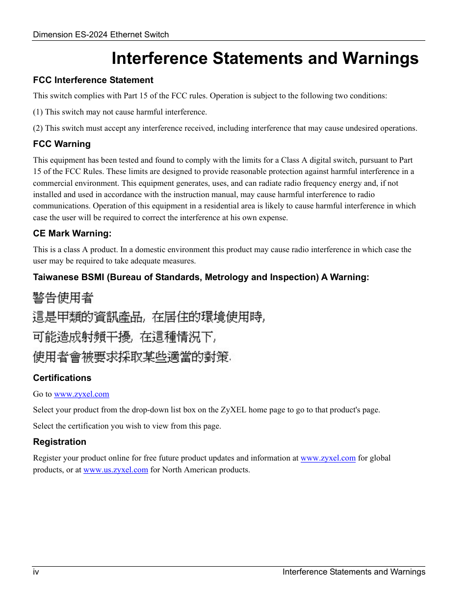 Interference statements and warnings | ZyXEL Communications ZyXEL Dimension ES-2024 User Manual | Page 4 / 195