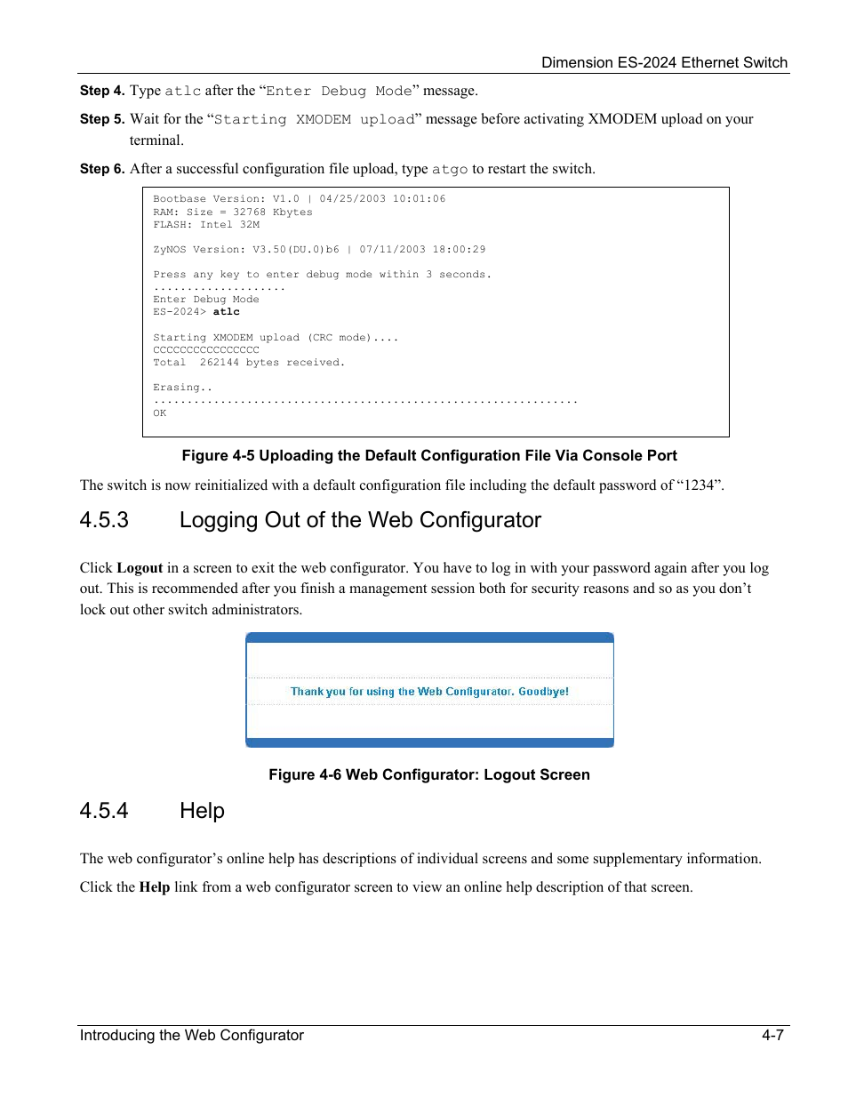 3 logging out of the web configurator, 4 help | ZyXEL Communications ZyXEL Dimension ES-2024 User Manual | Page 45 / 195