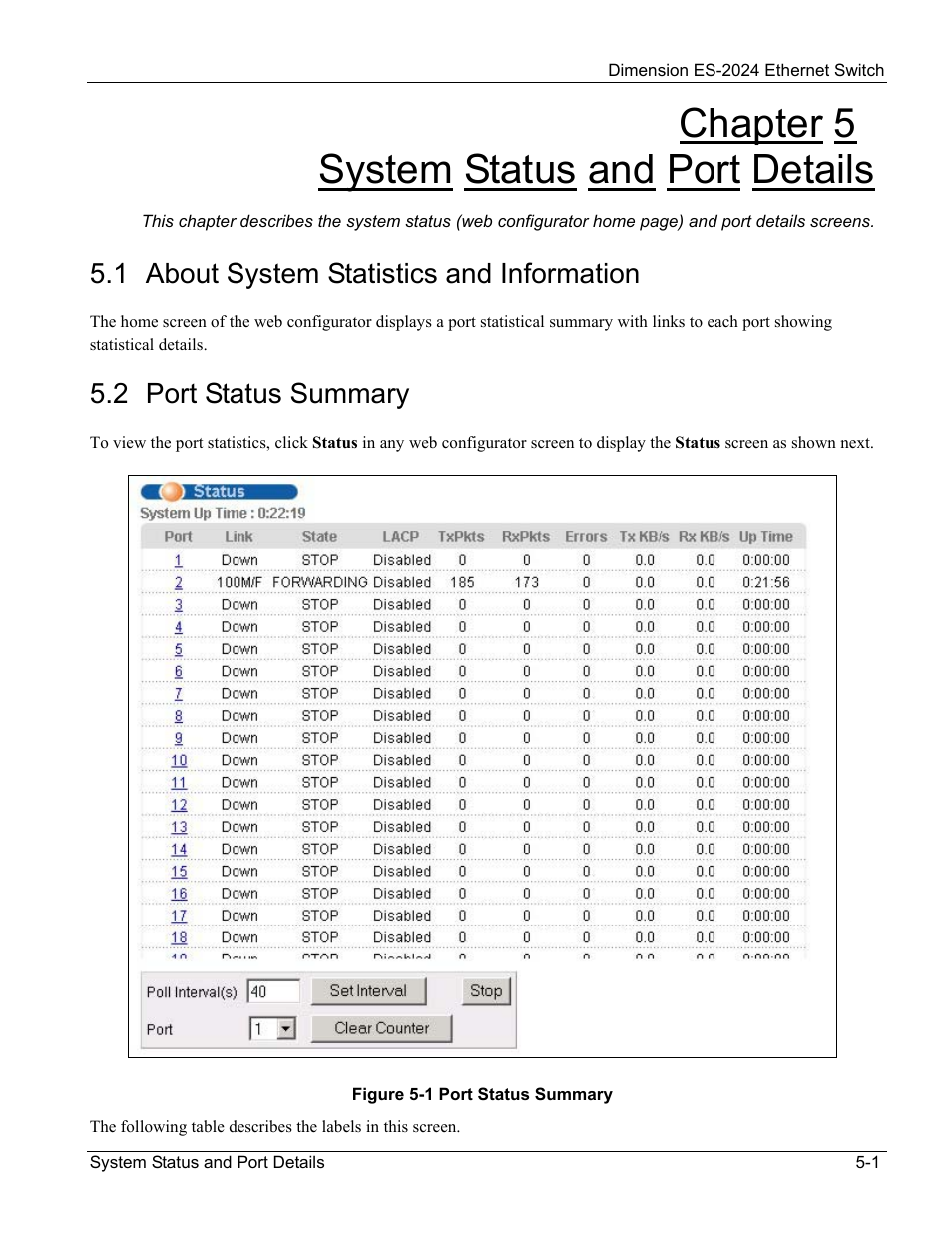 System status and port details, About system statistics and information, Port status summary | Chapter 5 system status and port details, 1 about system statistics and information, 2 port status summary | ZyXEL Communications ZyXEL Dimension ES-2024 User Manual | Page 47 / 195