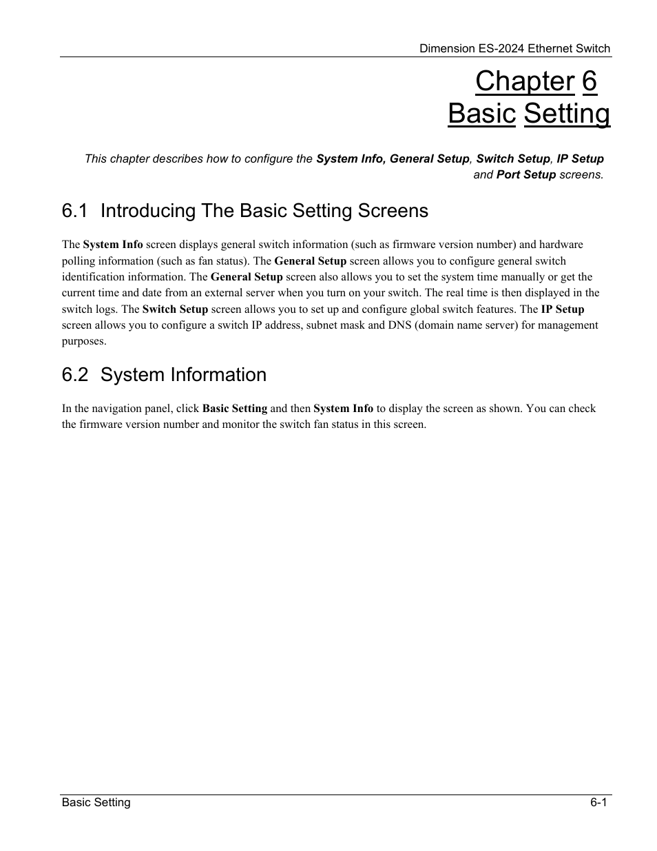 Basic setting, Introducing the basic setting screens, System information | Chapter 6 basic setting, 1 introducing the basic setting screens, 2 system information | ZyXEL Communications ZyXEL Dimension ES-2024 User Manual | Page 53 / 195