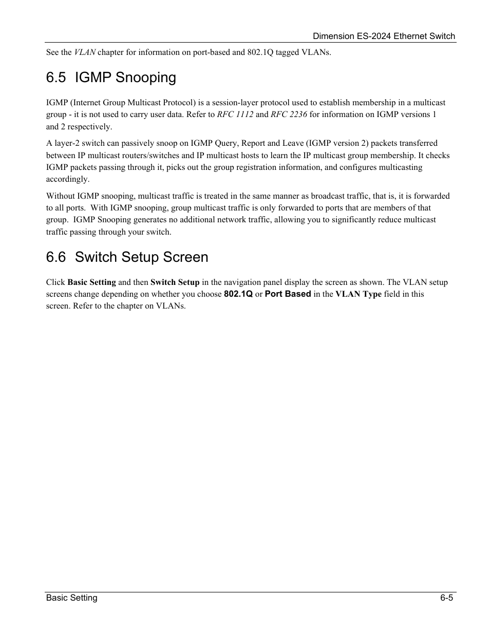 Igmp snooping, Switch setup screen, 5 igmp snooping | 6 switch setup screen | ZyXEL Communications ZyXEL Dimension ES-2024 User Manual | Page 57 / 195