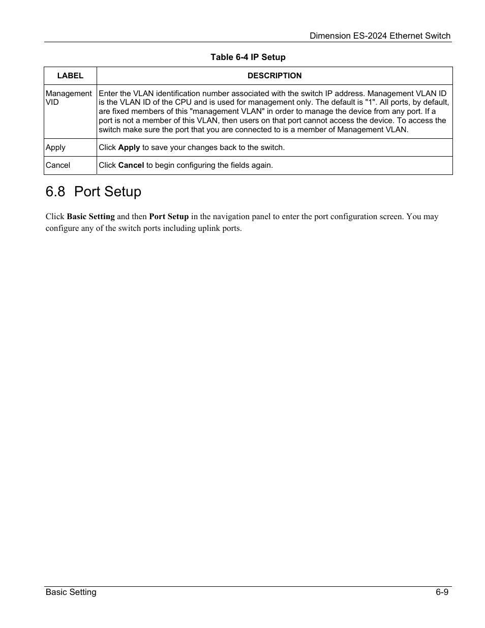 Port setup, 8 port setup | ZyXEL Communications ZyXEL Dimension ES-2024 User Manual | Page 61 / 195