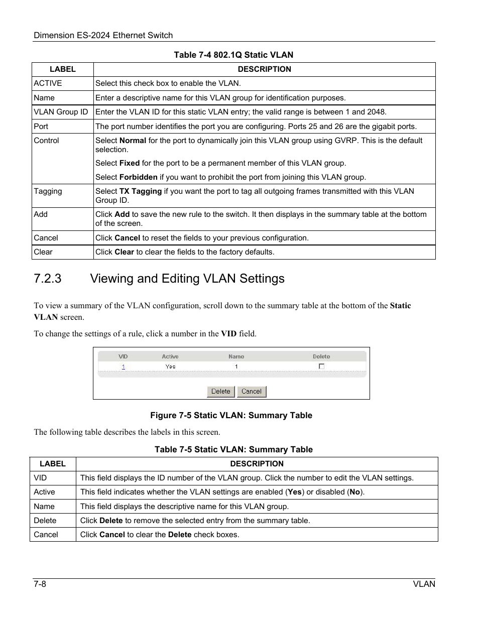 3 viewing and editing vlan settings | ZyXEL Communications ZyXEL Dimension ES-2024 User Manual | Page 74 / 195