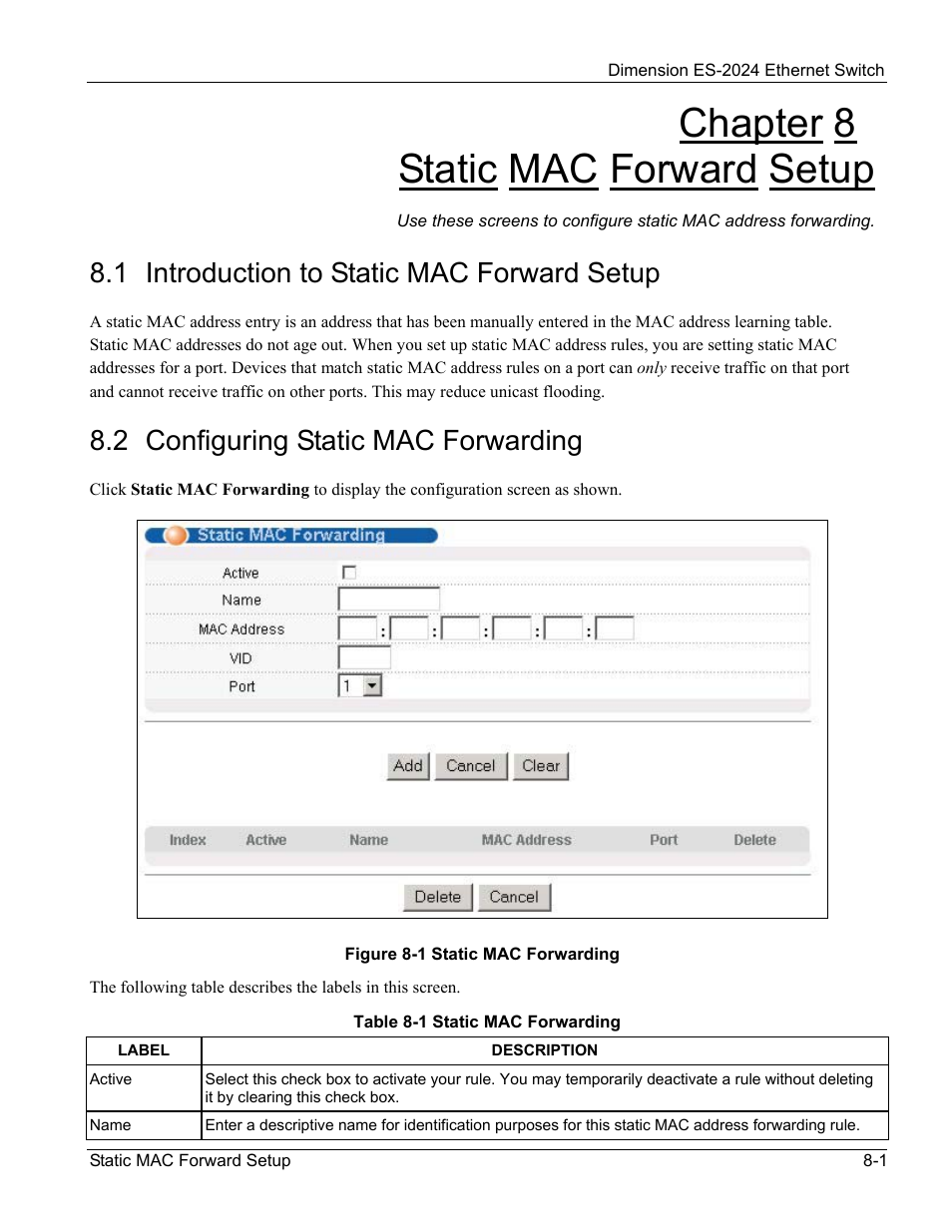 Static mac forward setup, Introduction to static mac forward setup, Configuring static mac forwarding | Chapter 8 static mac forward setup, 1 introduction to static mac forward setup, 2 configuring static mac forwarding | ZyXEL Communications ZyXEL Dimension ES-2024 User Manual | Page 81 / 195