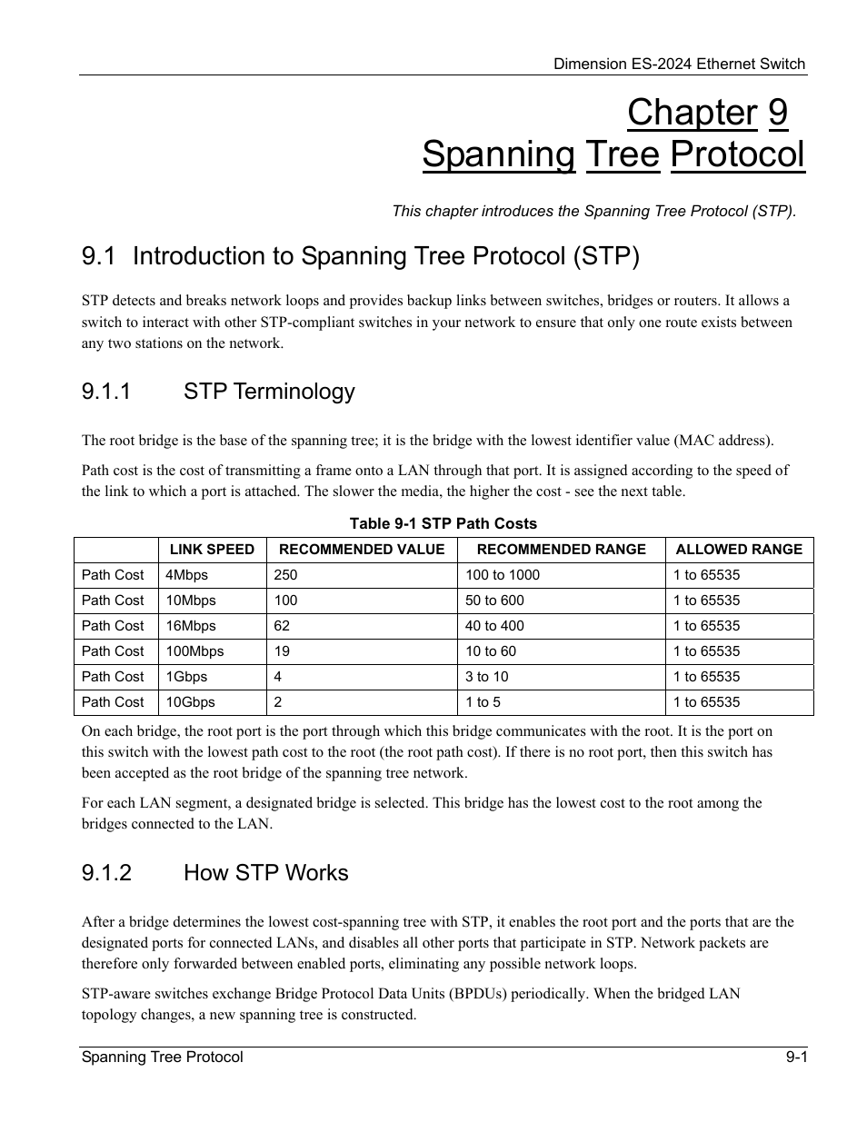 Spanning tree protocol, Introduction to spanning tree protocol (stp), Chapter 9 spanning tree protocol | 1 introduction to spanning tree protocol (stp), 1 stp terminology, 2 how stp works | ZyXEL Communications ZyXEL Dimension ES-2024 User Manual | Page 83 / 195